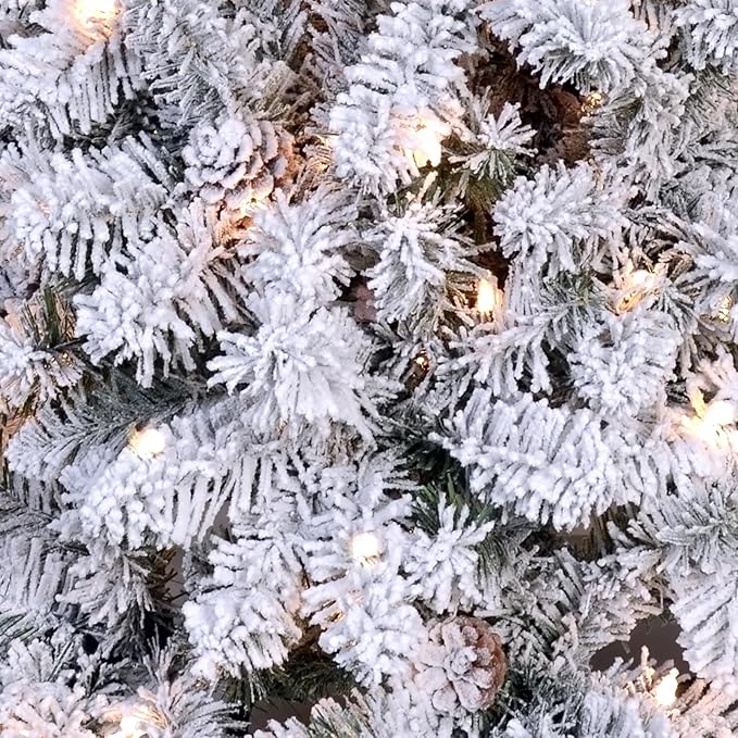 Flocked Pre-lit Christmas Tree 7ft, Premium Christmas Tree with Lights - White Flocked Prelit Trees- Artificial Xmas Trees