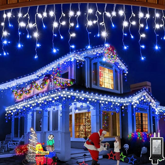 60FT 612 LED Outdoor Christmas Lights - 136 Ice Drops, 12 Pro Modes with Timer Memory & Brightness, Waterproof Hanging Ice String Light for Holiday Wedding Garden Fence House Decor (Blue & White)
