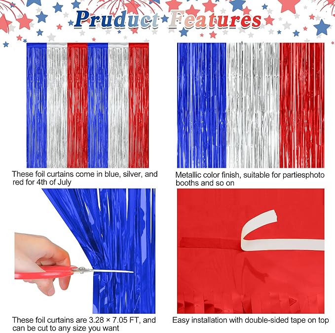 2 Pack 4th of July Party Supplies, 3.28 FT x 7.05 FT 4th of July Tinsel Backdrop, Blue Silver Red Color Fringe Curtains Streamer Backdrop, 4th of July Photo Backdrop Party Decorations