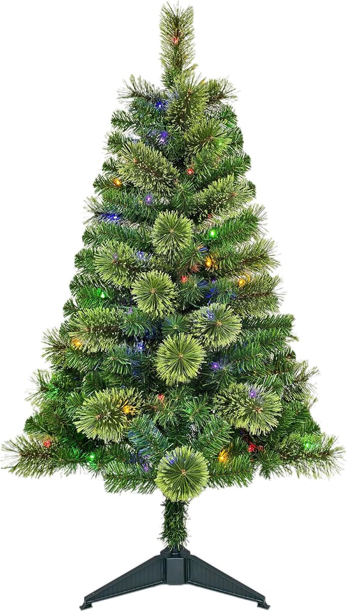 4FT Pre-Lit Artificial Christmas Tree with 70 LED Lights, 4 Light Modes, 189 Tips, PVC Cashmere Branches, Plastic Stand, Indoor Use