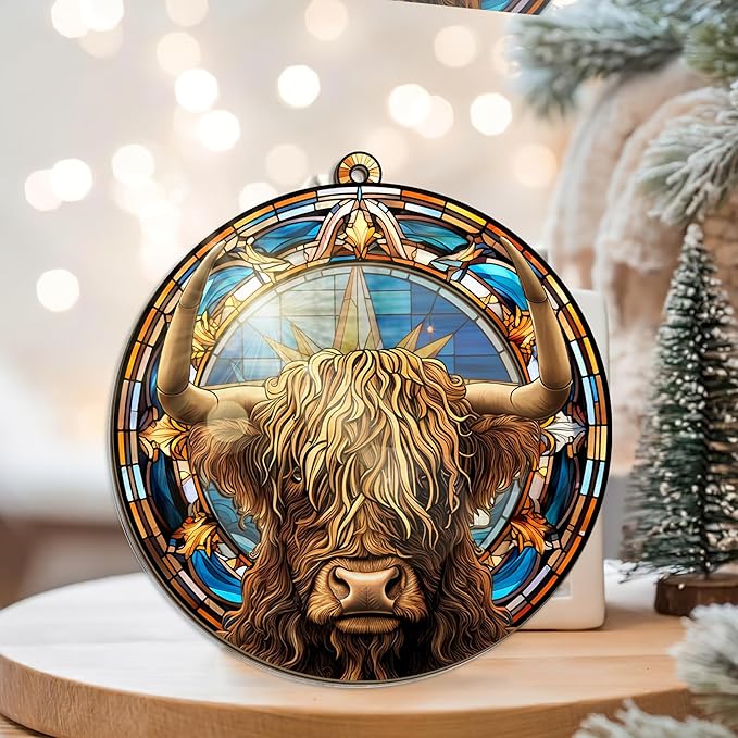 OASSIE Highland Cow Ornament for Christmas Tree - Suncatcher Christmas Ornaments 2025 - Farmhouse Brown Highland Cow Gifts for Women Men Mom Dad Family, Stocking Stuffers for Farm Xmas Decorations