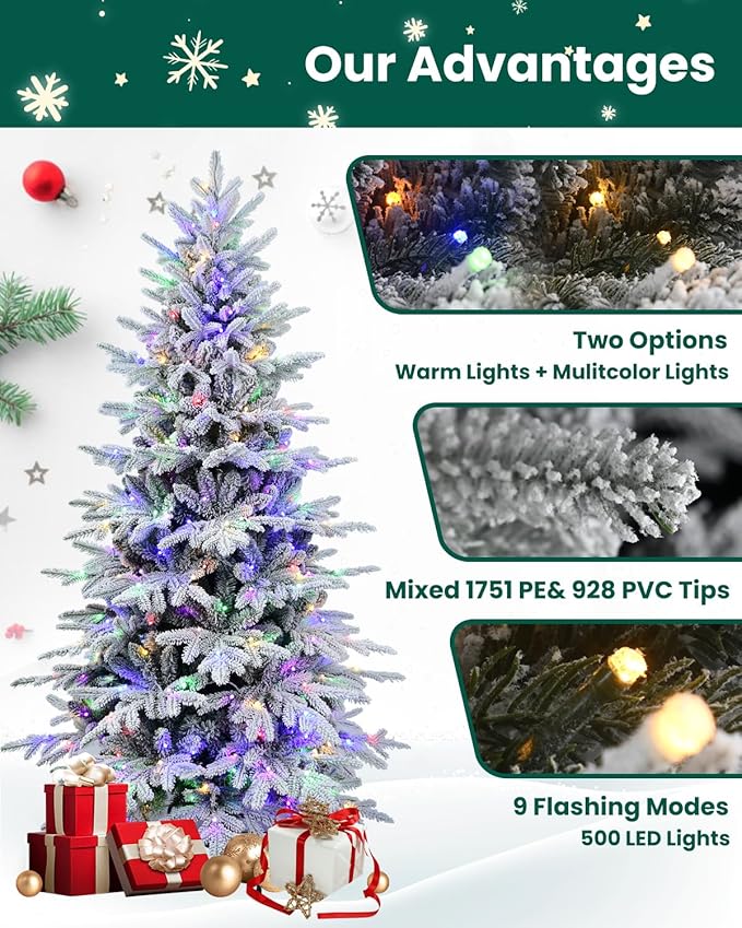 8FT Prelight Premium Artificial Christmas Tree，Snow Flocked Frosted PE Tips Xmas Tree，Foldable Metal Base ，Holiday Decoration Muticolor LED Flocado árbol de Navidad, White