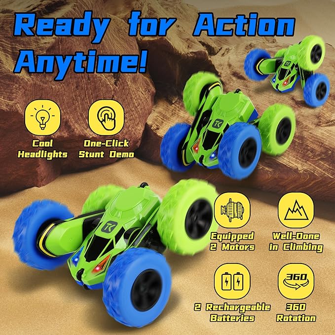 Threeking RC Stunt Car Remote Control Cars with Lights Double-Sided Driving Indoor Outdoor Toys Gifts Presents for 6 7 8 9 10 11 12 Year Old Kids Boys Girls