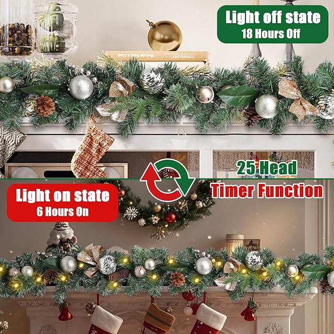 Christmas Garland Lighted Indoor Outdoor Decorations Artificial Christmas Garlands with Light Mantel Pine Cone for Door Porch Holiday Party Outdoor Indoor Xmas Decor 6FT Gold A