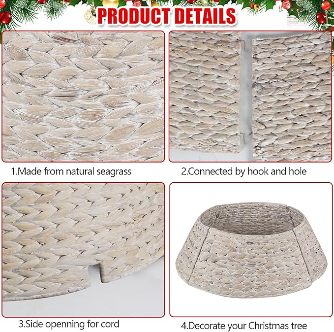 Christmas Tree Collar 24'' D Handmade Hyacinth Tree Collar Basket Rattan Wicker Christmas Woven Tree Ring Stand Base Cover for Christmas Holiday Decoration-White Washed