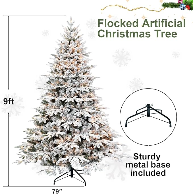 9ft Prelit Flocked Artificial Christmas Tree with 5242 PE PVC Tips, Premium Snow Pre-Lit Holiday Xmas Tree with 1050 UL Incandescent Lights, Foldable Base for Home Office Part