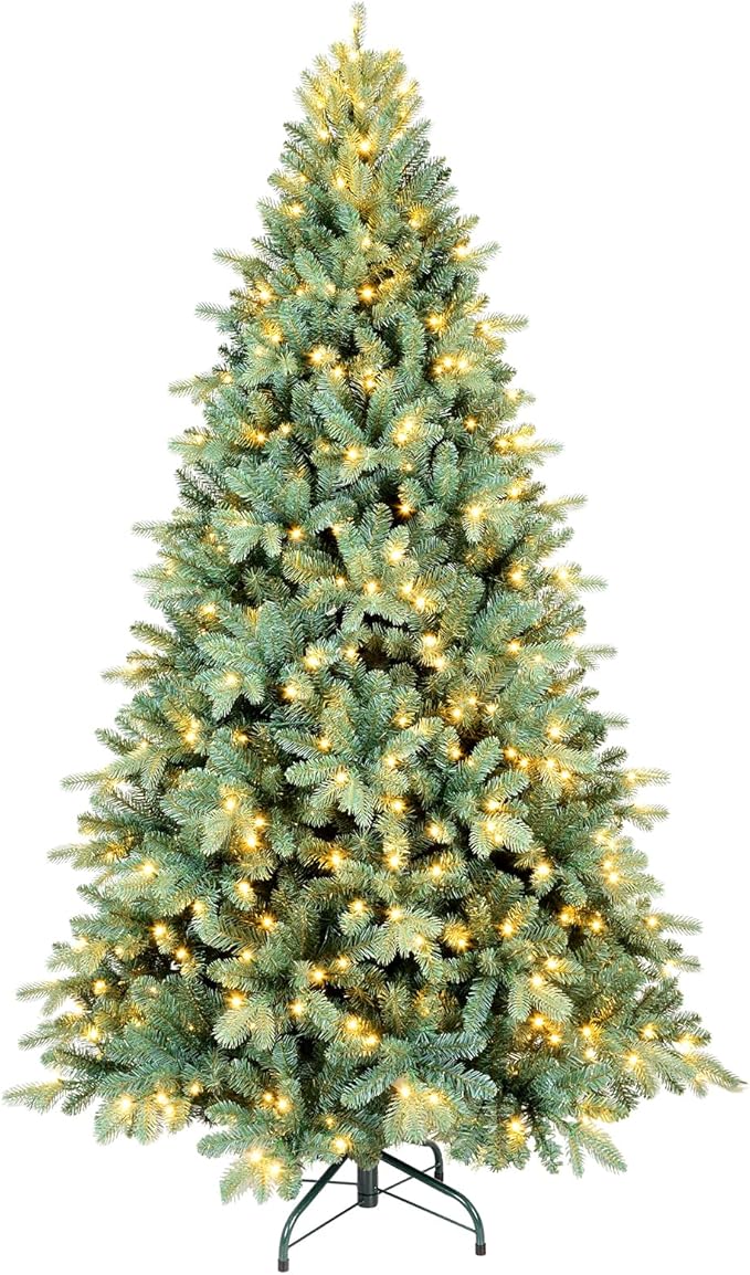 6 Ft Pre-Lit Artificial Christmas Tree, w/ 350 LED Warm Lights, 1390 PE&PVC Mixed Branch Tips, Faux Xmas Tree for Home, Office, Party Decoration, Easy Assembly, Metal Hinges & Foldable Base
