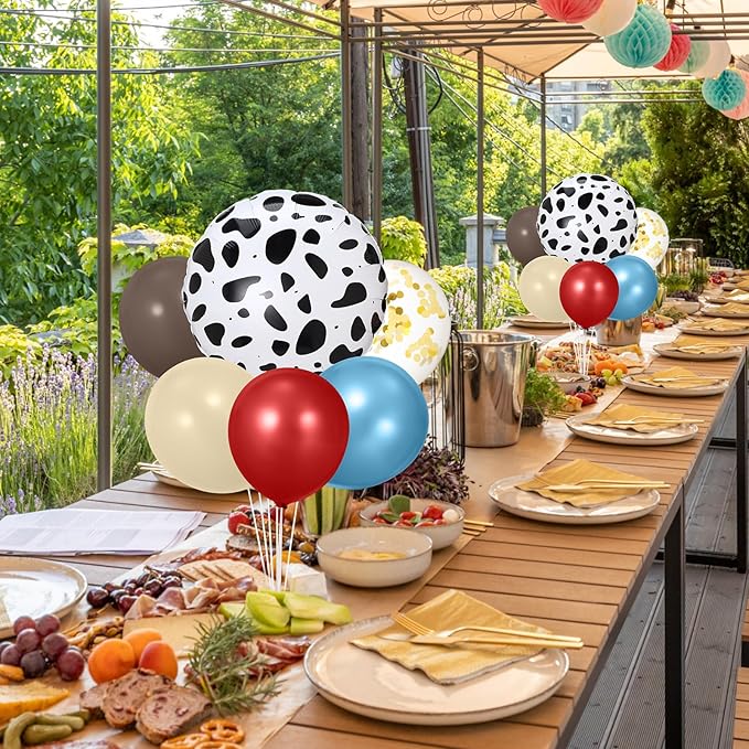 2 Sets Farm Animal Decorations Table Centerpiece Red Brown Blue Balloon Stand Kit with Large Cow Print Foil and Latex Balloon for Farmhouse Country Animal Baby Shower Birthday Supplies