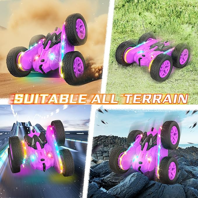 Remote Control Car, Rc Cars Stunt RC Car Toys New Upgraded Strip Lights and Headlights Girl Toys Double-Sided 360° Rotating 4WD Drift Truck for Boys Girls Birthday Gift (Purple)