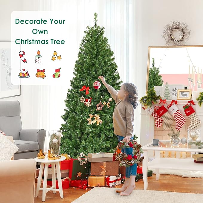 COSTWAY 8 FT Pre-lit Christmas Tree, Artificial Xmas Tree with 750 Warm White & Multicolored Lights, 11 Modes, 2128 Branch Tips, Metal Support, Holiday Decoration Fake Tree for Home, Office, Party