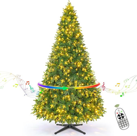 9ft Prelit Rotating Artificial Christmas Tree with Remote Timer & Dimmer, 600 Multi-Color LED Lights 2512 PE & PVC Branches for Holiday Decor