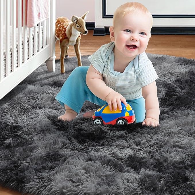 ONASAR Tie-Dyed Dark Grey Round Area Rug 4ft, Ultra Soft Bedroom Circle Rugs for Kids Girls Boys Teen, Fluffy Plush Shaggy Carpet Floor Mats for Nursery Dorm Living Room Office Home Decor