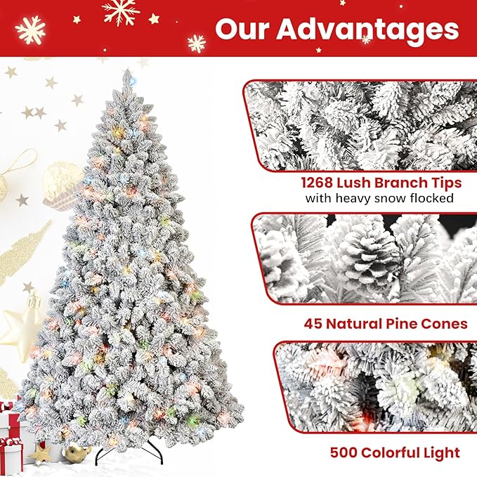 7ft Perlit Snow Flocked Christmas Tree with Lights,Artificial Christmas Tree with Pine Cones,1268 Branch Tips, Premium Spruce Full Xmas Tree for Easy Holiday Setup
