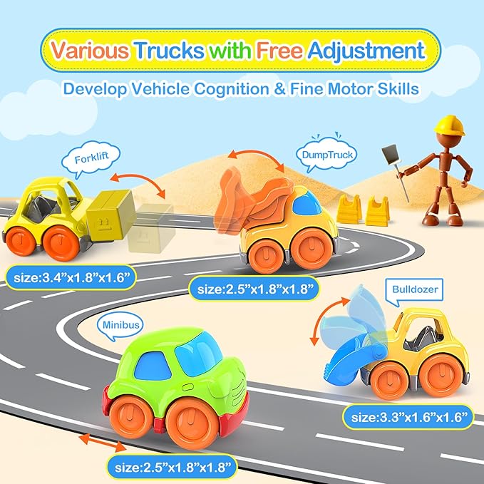 P&C 7.6" Toddler Construction Dump Truck Toys for Ages 2-4, Beach Sand Outdoor Toys Dump Truck Set with Sounds and Lights for Kids 18M+, 2, 3, 4, Ideal Birthday Christmas Gifts for Boys Girls