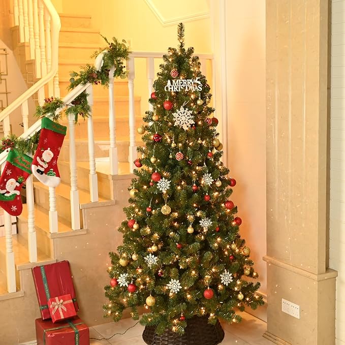 7ft Per-Lit Artificial Christmas Tree with 400 Warm White Lights, Premium Full Hinged Prelight Christmas Tree with 1072 Steel Branch Tips, Green Xmas Tree for Easy Holiday Setup,Foldable Base