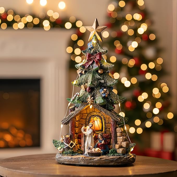 Musical Christmas Tree Nativity Scene with Figurines LED Light, Christmas Holy Family Nativity Scene for Xmas Decor Gift, Tabletop Decorative Christmas Ornaments