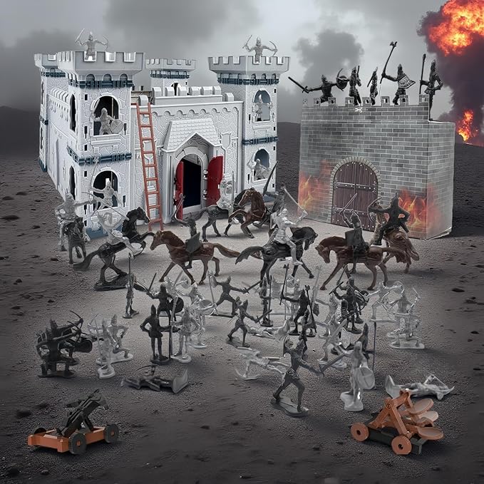 Medieval Castle Knight Toy Soldier Army Men Figurines, DIY Assembly Kit with Detachable Castle, 8 Knights, 8 Horses, 36 Soldiers, Simulated Siege War of Attack