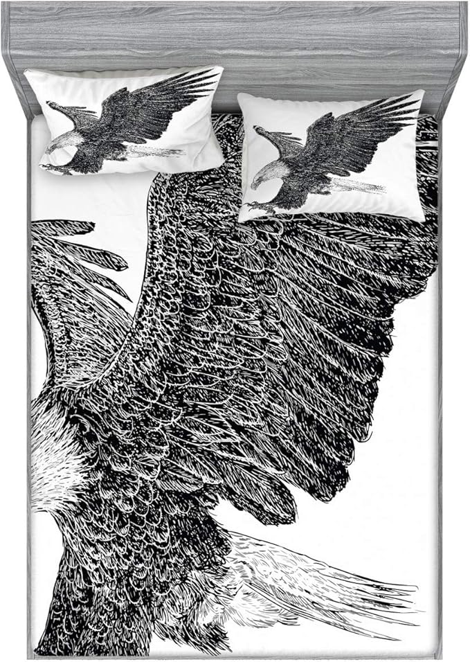 Ambesonne Animal Fitted Sheet & Pillow Sham Set, Bald Eagle Swoop Hand Drawn Sketchy Flying Hunter Wildness Artwork, Decorative Printed 3 Piece Bedding Decor Set, King, Black Grey