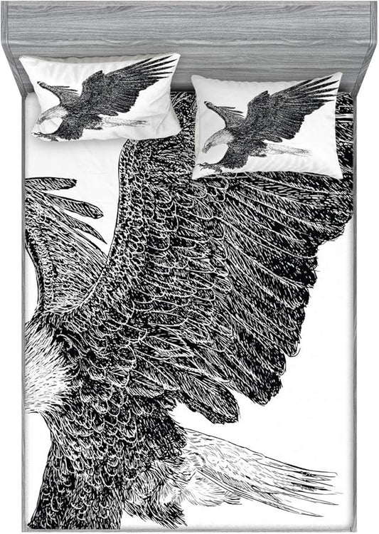 Ambesonne Animal Fitted Sheet & Pillow Sham Set, Bald Eagle Swoop Hand Drawn Sketchy Flying Hunter Wildness Artwork, Decorative Printed 3 Piece Bedding Decor Set, King, Black Grey