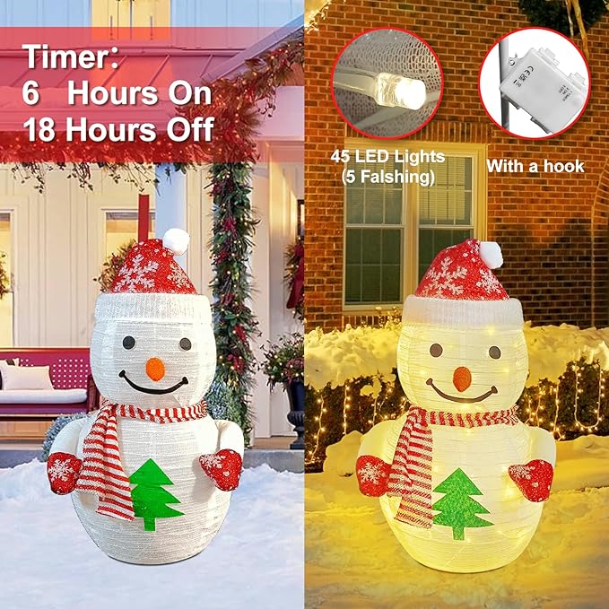 Lighted Pop-up Christmas Snowman Decorations, 27 Inch 3D Snowman with 45 LED Warm White Lights, Battery Powered Collapsible Prelit Snowman for Indoor Outdoor Christmas Garden Yard Xmas Decor, Timer