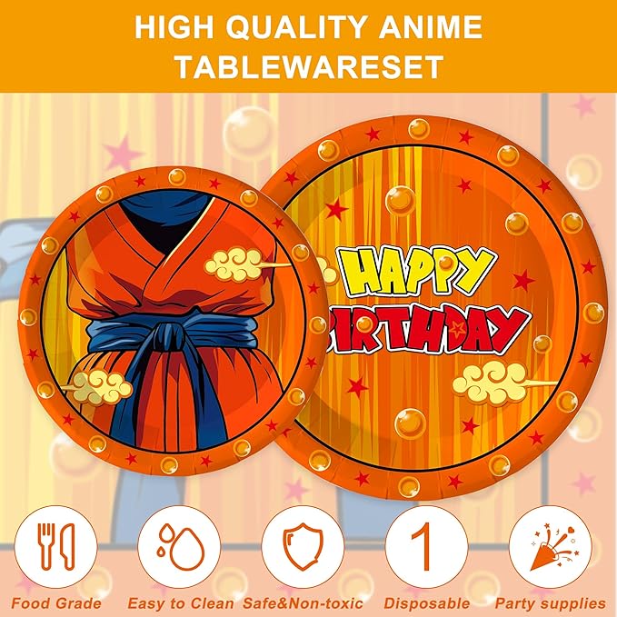 122 Pcs Anime Dragon Theme Party Supplies Cartoon Birthday Party Decorations Disposable Plate Napkin Fork for Anime Party Decoration 20 Sets