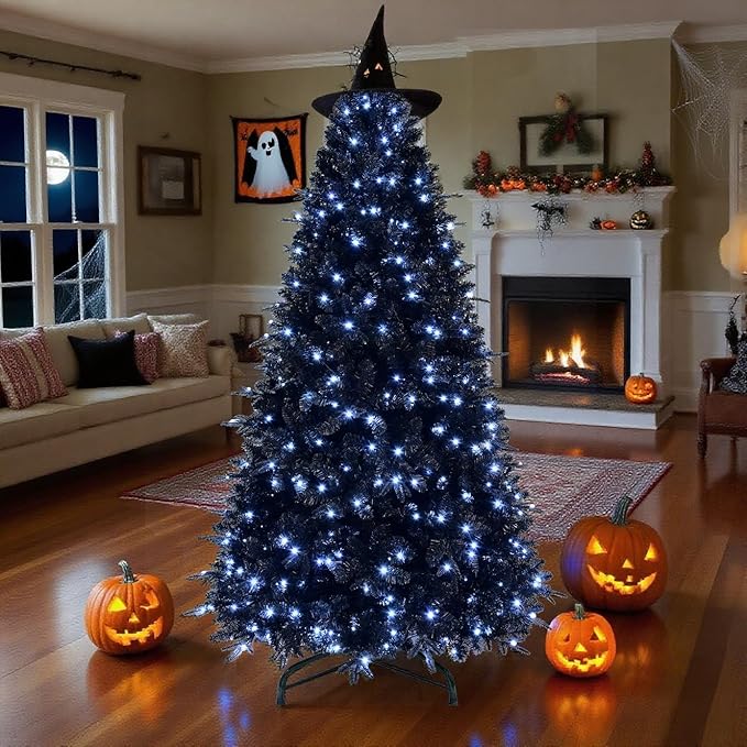 7FT PreLit Black Christmas Tree with 450 Lights, Artificial Fake Christmas Tree with 1916 PE&PVC Branch Tips, Halloween and Xmas Tree for Holiday Decorations, Metal Stand and Hinged Branches