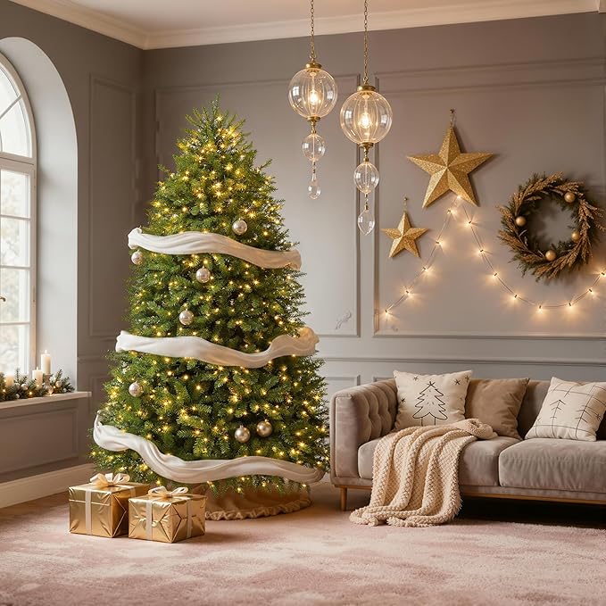 DWVO 7.5ft Pre-Lit Christmas Tree, Bell-Shaped Artificial Pine Christmas treewith 11 Light Modes, Stand Included, Fit for Holiday Decorations, Festive Atmosphere Enhancer, Green