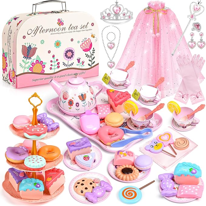 Tea Party Set for Little Girls, 63Pcs Pretend Play Toys, Princess Dress Up Tea Time, Tin Tea Sets for Toddlers 3-5 6 with Dessert, Carrying Case, Kids Kitchen Playset, Birthday Gift for Toddler Girls
