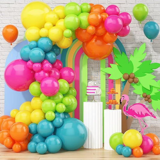 141 Pcs Summer Tropical Balloon Arch Garland Kit, Hot Pink Lime Green Orange Slate Blue Yellow Latex Rainbow Balloon Garland Kit for Hawaiian Luau Aloha Birthday Baby Shower Pool Party Decorations