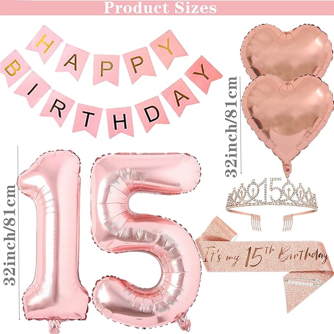 15th Birthday Decorations for Girls Rose Gold 15th Happy Birthday Tiara Sash Hello Fifteen Party Supplies Number 15 Balloons 15 Years Old Bday Party Kit for Her Girl (Rose gold)