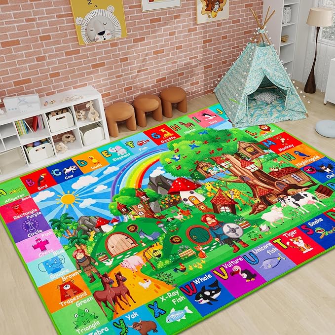 ABC Kids Rug for Playroom 110" ×78.7" Hobbit House Educational Kids Playmat Alphabet Animal & Shape Learning, Premium Non-Slip Playmat for Toddlers Letters Farm Animals Color Foam Classroom Carpet