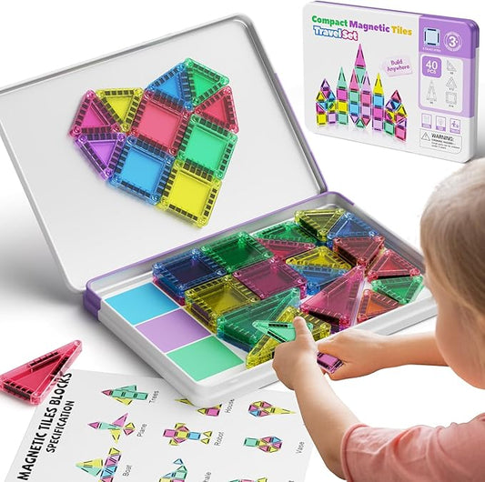 Magnetic Tiles for kids ages 4-8, 40 Pieces Mini Magnetic Building Blocks,Magnet Tiles Travel Construction Set with Storage Iron Box,Toddler Puzzle Birthday Gift Toys for Boys and Girls Ages 3