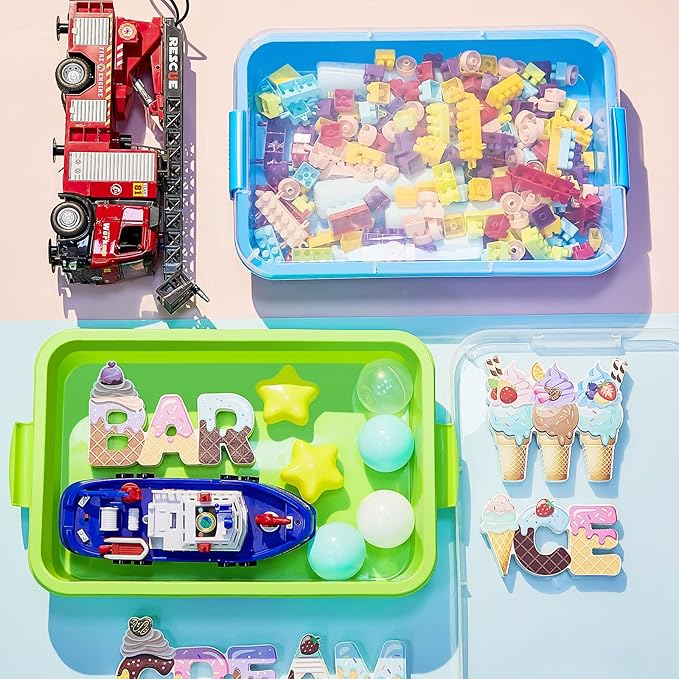 2 Pcs Sensory Bin Sand Tray with Lid for Plastic Sandbox Toy Fill with Water, Sand, Beads and More, for Indoor Outdoor Activities Play(Blue, Green)