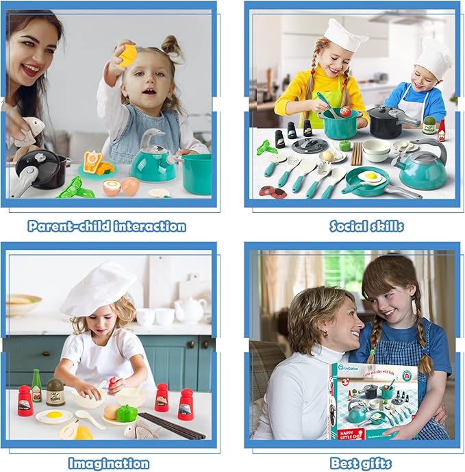 Bruvoalon 67Pcs Kids Play Kitchen Toys Set, Toddlers Pretend Cooking Playset Acccessories with Pots Pans, Utensils Cookware, Foods, Canned Veges, Learning Gift for Kids Girls Boys (Green)