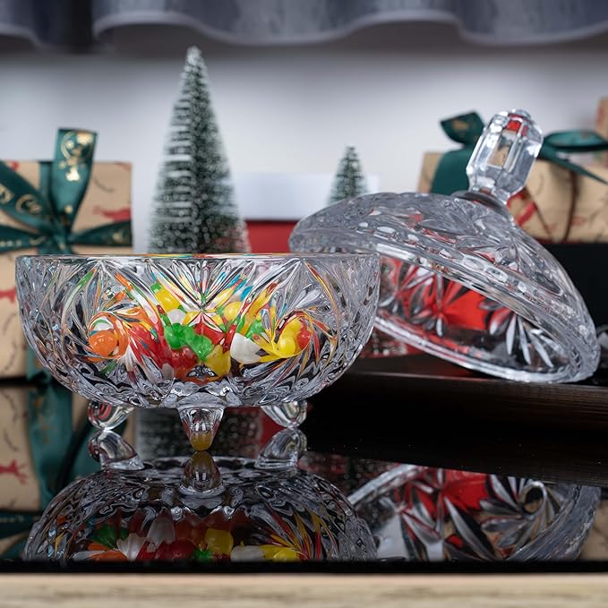 27oz Large Glass Candy Dish with Lid, Crystal Candy Bowl, Embossed Decorative Storage Jar for Office Desk, Jewelry Box, Biscuit, Christmas, Wedding, Birthday Gift