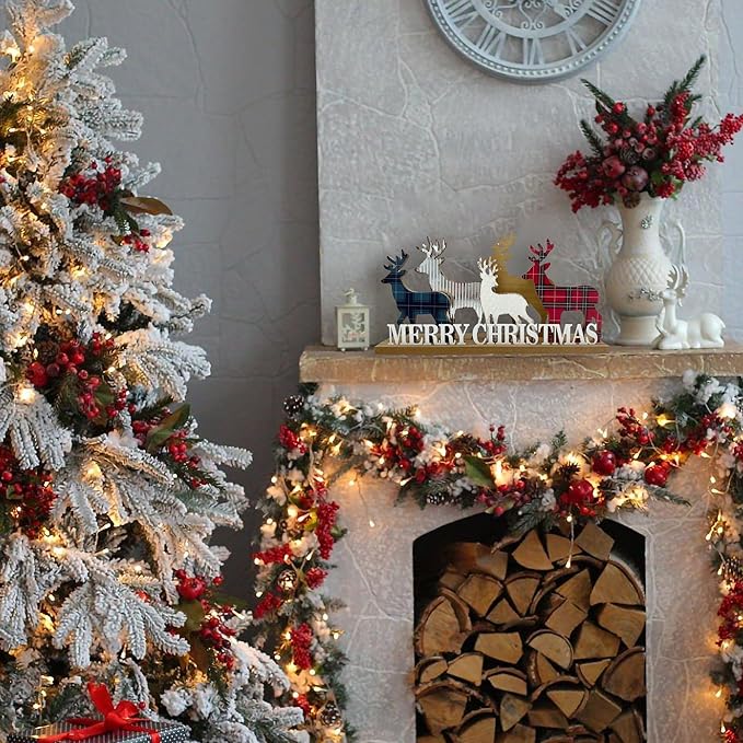 Christmas Decorations for Home Elk Merry Christmas Sign Wooden Decorative Block Rustic Farmhouse Tabletop Xmas Party Holiday Décor for Living Room, Dining Table, Mantel, Tiered Tray, Gift