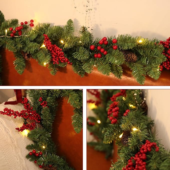 Christmas Garland Lighted Indoor Outdoor Decorations Artificial Christmas Garlands with Light Mantel Pine Cone Red Berries for Door Porch Holiday Party Outdoor Indoor Xmas Decor 6FT