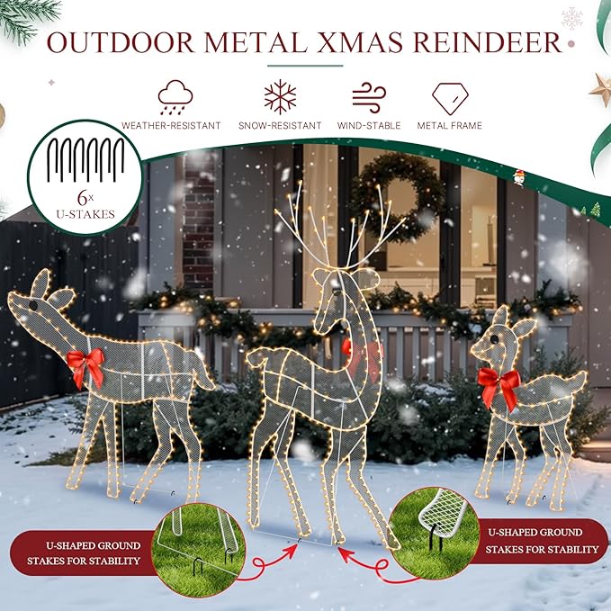 [3-Piece Reindeer Christmas Decorations Outdoor] 2D Lighted Deer Family with 260 LED Light. Durable Yard Lawn Holiday Decor, Outdoor Lighted Holiday Display for Yard Lawn Garden-White