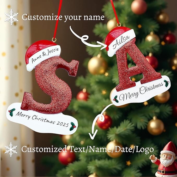 Personalized Letter Christmas Ornaments 2025, Custom Xmas Ornaments Decorations for Christmas Tree with Name 3D Resin Xmas Hanging Pendant Original Gifts for Family Friends (R)