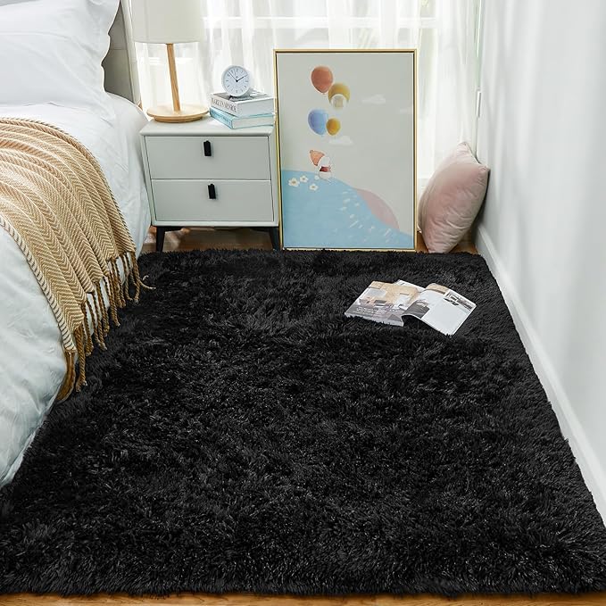 Ophanie Black Area Rugs for Bedroom Living Room, 4x6 Fluffy Fuzzy Shag Shaggy Carpet Soft Plush Furry Bedside Rug, Indoor Floor Rug for Kids Girls Boys Home Decor Aesthetic, Dorm Nursery