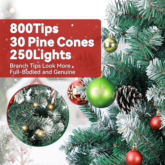6FT Lighted Snow Christmas Tree, Partially Frosted Xmas Pine Tree with Pine Cones, White LED Lights, 800 PVC Branch Tips, Metal Stand and Hinged Branches for Home, Party Decoration