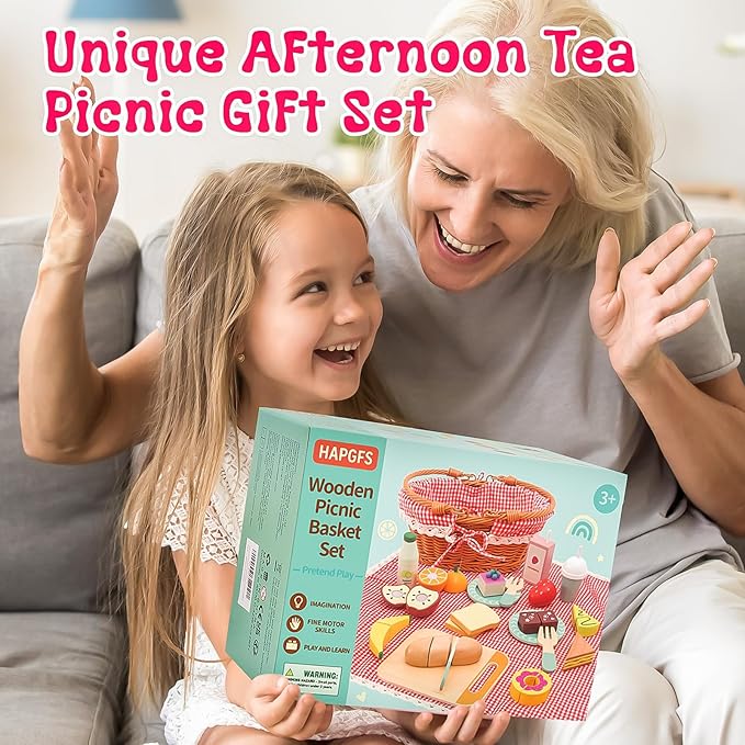 Wooden Picnic Basket Toy Set with Realistic Play Food - Kids Pretend Play Kitchen Accessories for Toddlers 3-8, Wood Play Food for Imaginative Tea Party & Outdoor Fun