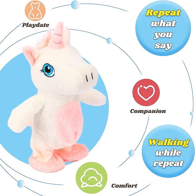 Hopearl Talking Unicorn Repeats What You Say Walking Electric Interactive Animated Toy Speaking Plush Buddy Gifts for Toddlers Birthday, 9.5''