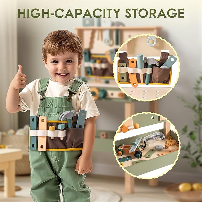 ROBOTIME Wooden Kids Tool Bench, Toddler Tool Bench - Toy Play Workbench Workshop with Tool Belt, Play Tools Set, Drawing Paper for Construction Play, Perfect for Kids Ages 3-5