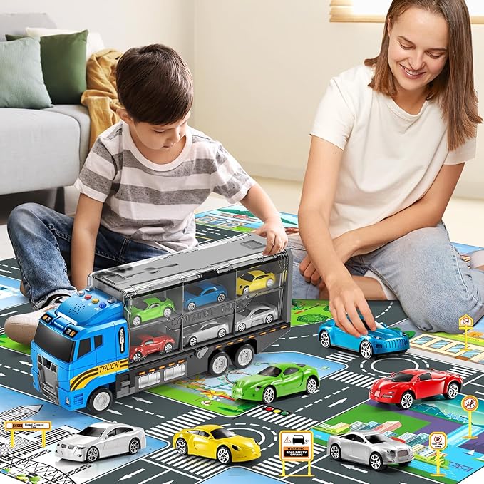 Toddler Toys for 3-8+ Years Old, Truck Vehicle Set With Play Mat, Die-Cast Car Carrier for Kids, Birthday Gifts for Boys