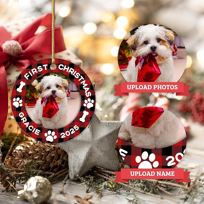 Personalized Dog Christmas Ornaments, Custom Photo & Name 2025 Puppy First, Christmas Holiday Pet Gifts, Dog Lovers, Pet Lovers Gifts for Christmas Tree Decoration