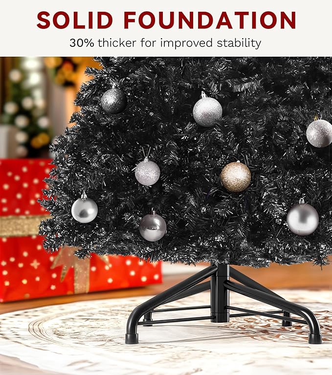 DWVO 6ft Pre-lit Black Christmas Tree with Lights, Prelit Halloween ChristmasTtrees with 818 Tips & 250 UL Listed Lights, Automatic Branches & Easy Assembly with Remote Control for Home Party