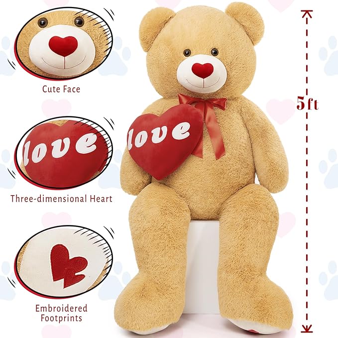 MorisMos Giant Teddy Bear 5ft Stuffed Animal, Red Love Heart Large Bear Plush for Girlfriend Valentine, Soft Bear Gift for Boyfriend Kids, 59inch