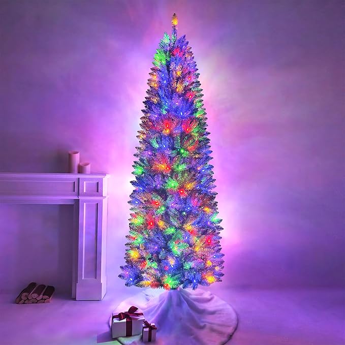 7.5FT Prelit Slim Artificial Christmas Tree with 843 Branch Tips, 250 Dual-Color LED Lights and Metal Stand, Realistic Skinny Pencil Blue Spruce Tree with Multi-Function Lights