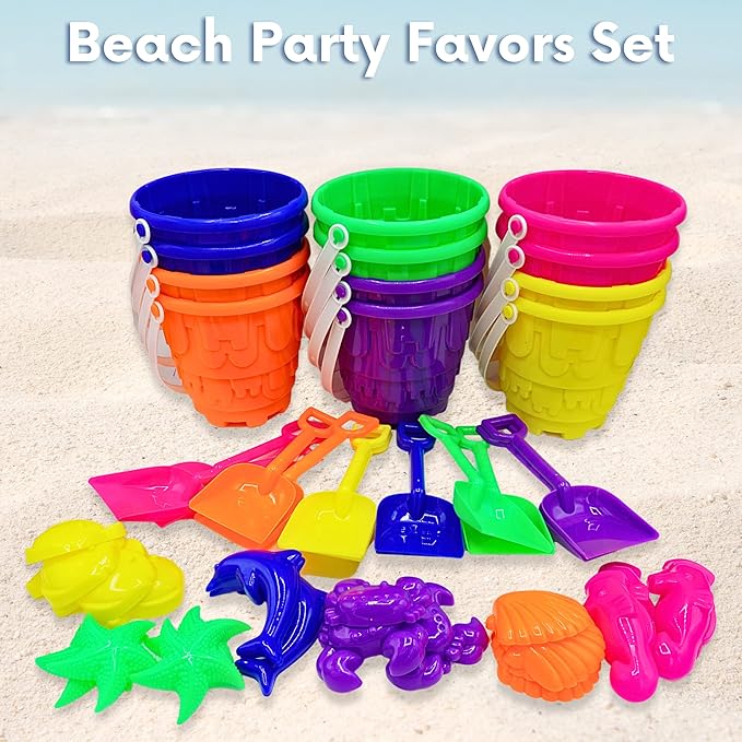 4E's Novelty 12 Sets Beach Toys - Includes 12 Sand Buckets, 12 Shovels, 24 Sand Molds for Kids - Small 5.75" Beach Buckets Bulk for Summer Party Favors, End of Year Student Gifts Toys